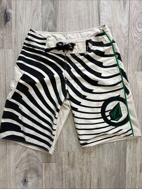 Volcom Black & White Striped Boardshorts with Green Accent